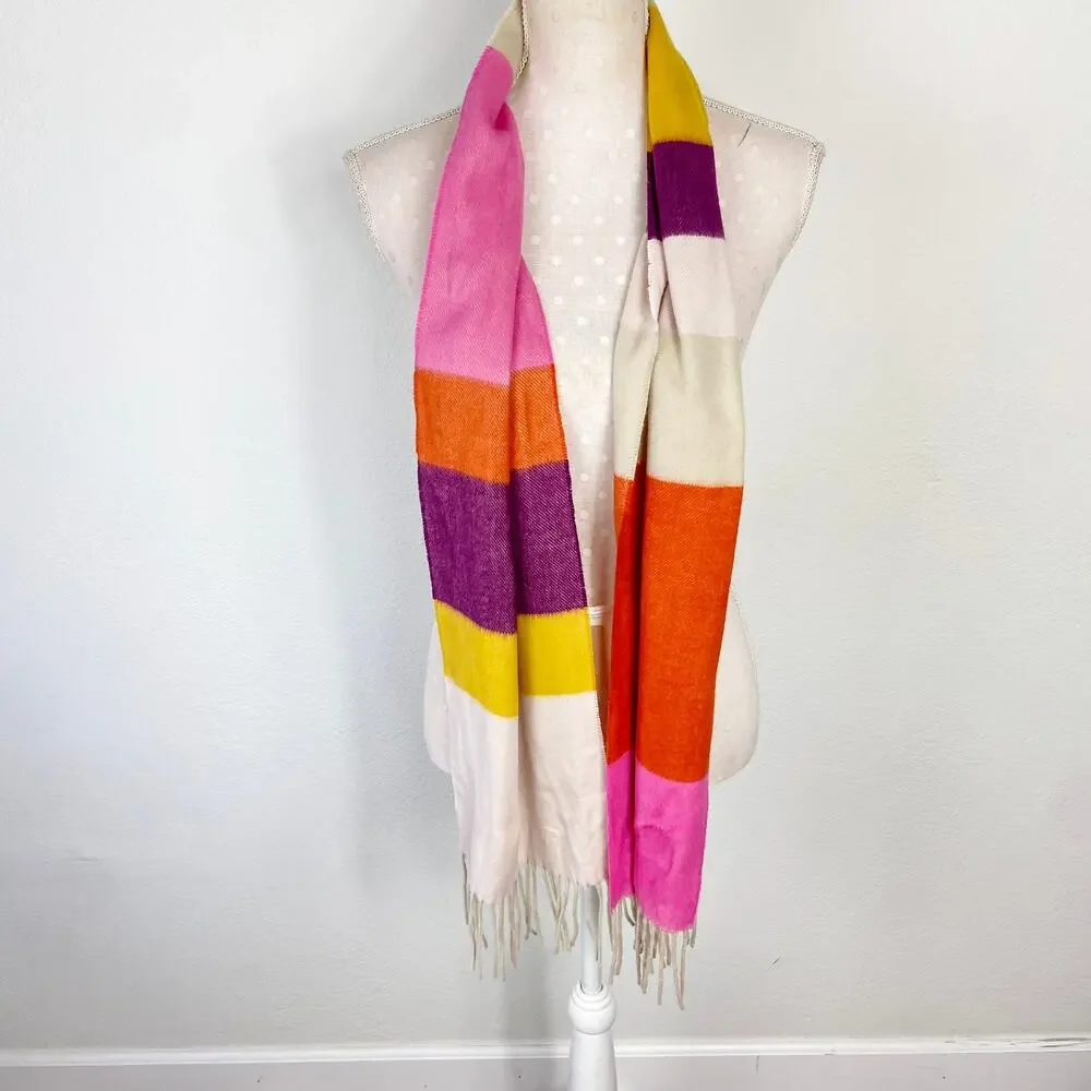 Cashmink Pink Yellow Cream Striped Rectangle Scarf with‎ Fringe Soft